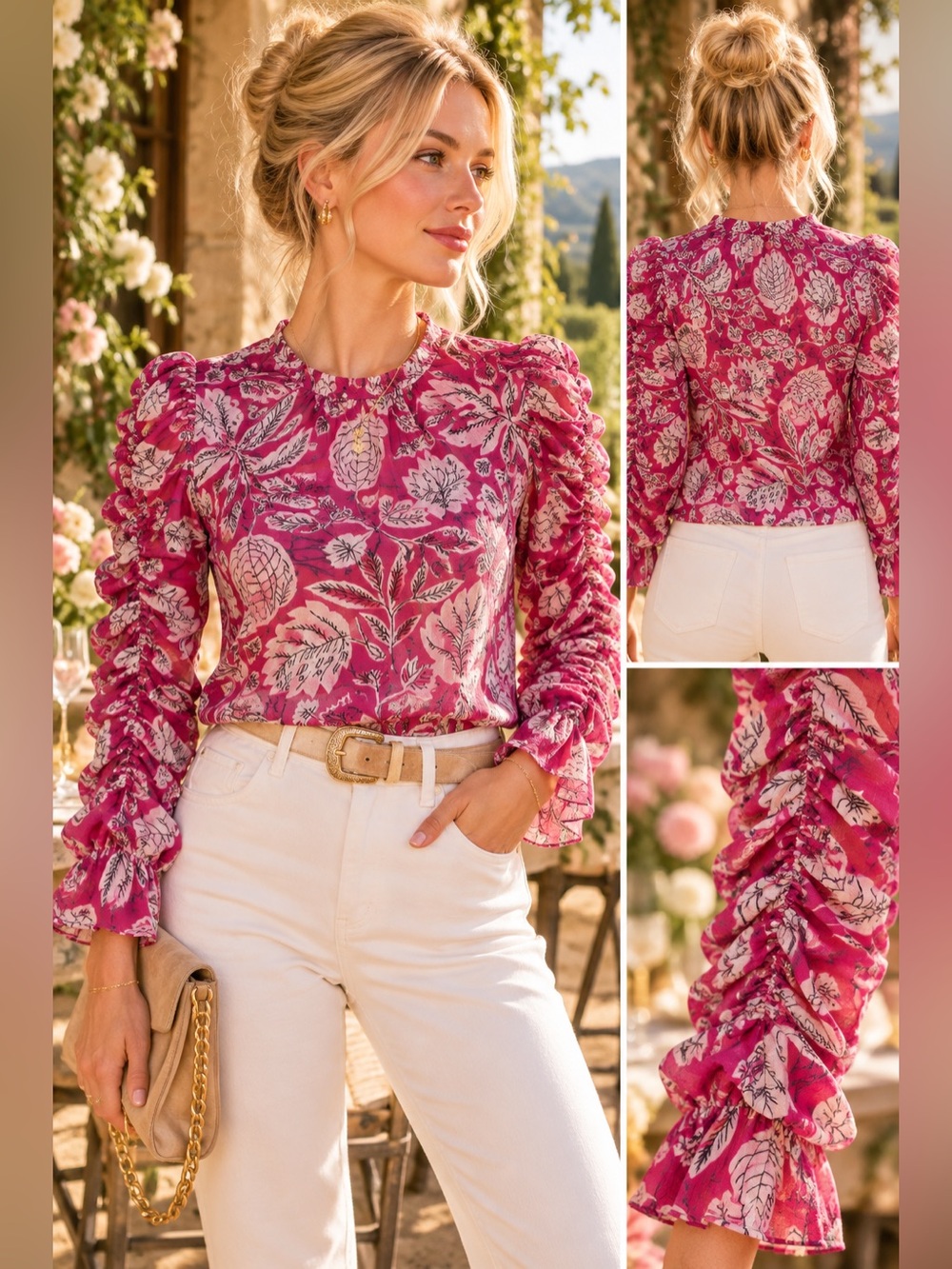 1 - TED BAKER London - Floral Ruffle Long-Sleeve Top - Magenta